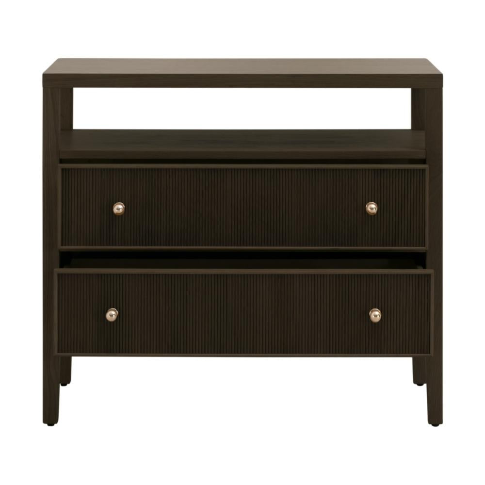 Brown Reeded Oak Wood 2 Drawer Open Shelf Nightstand 34 inch