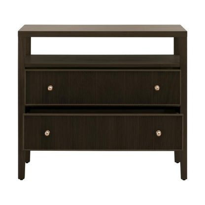 Brown Reeded Oak Wood 2 Drawer Open Shelf Nightstand 34 inch