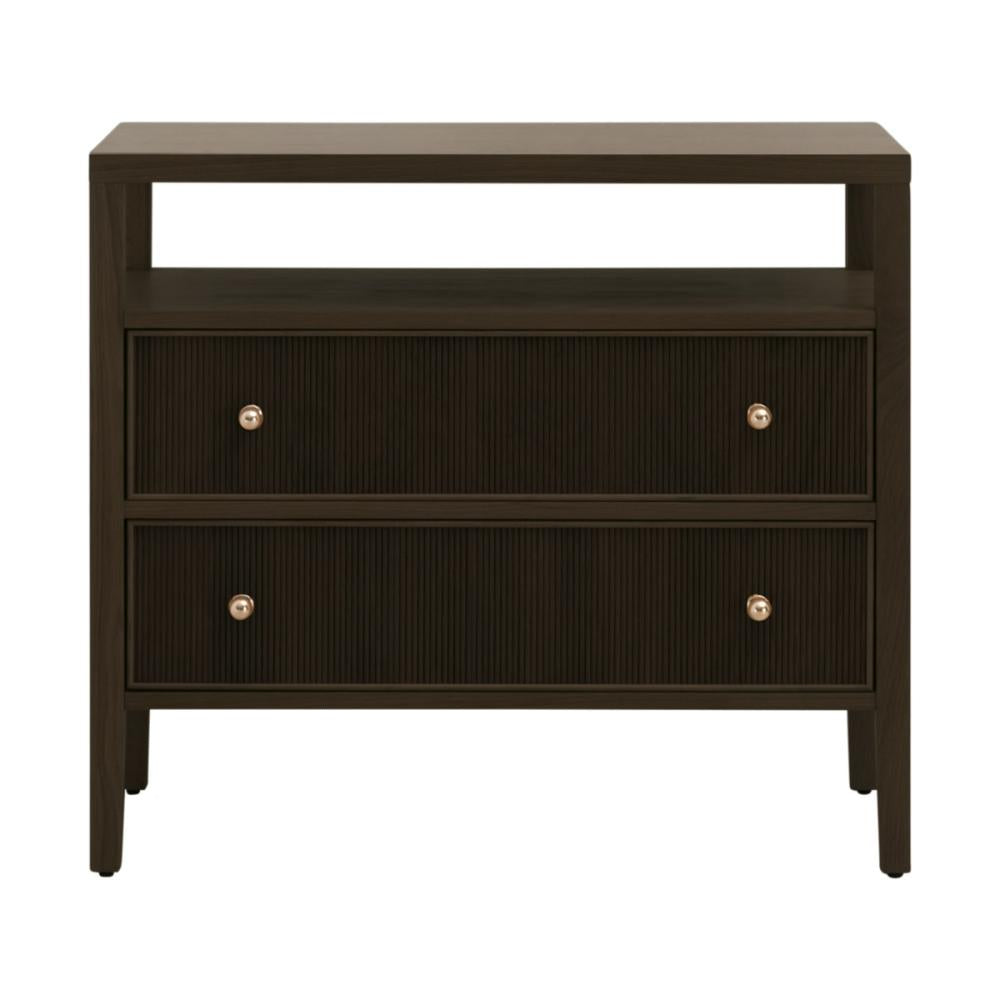 Brown Reeded Oak Wood 2 Drawer Open Shelf Nightstand 34 inch