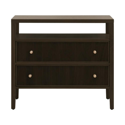 Brown Reeded Oak Wood 2 Drawer Open Shelf Nightstand 34 inch