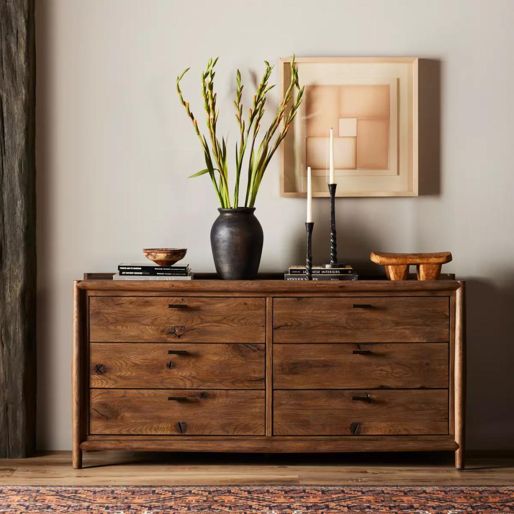 Brown Weathered Solid Oak Wood 6 Drawer Double Dresser 65 inch SLATE CUSTOM Brown Weathered Solid Oak Wood 6 Drawer Double Dresser 65 inch SLATE CUSTOM