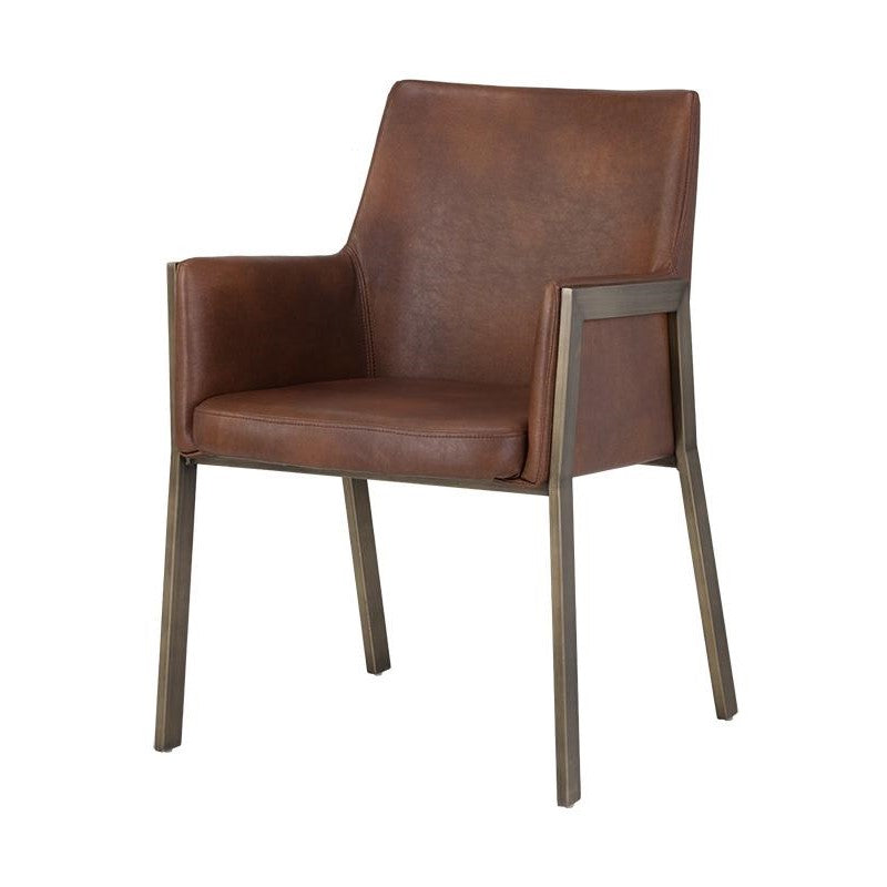 Brushed Antique Brass & Cognac Faux Leather Dining Chair Armchair