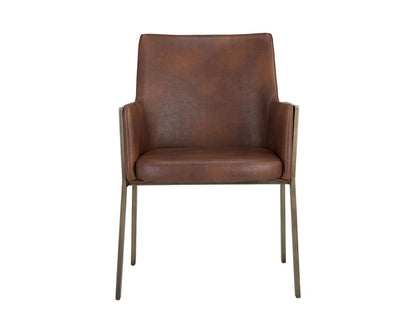 Brushed Antique Brass & Cognac Faux Leather Dining Chair Armchair