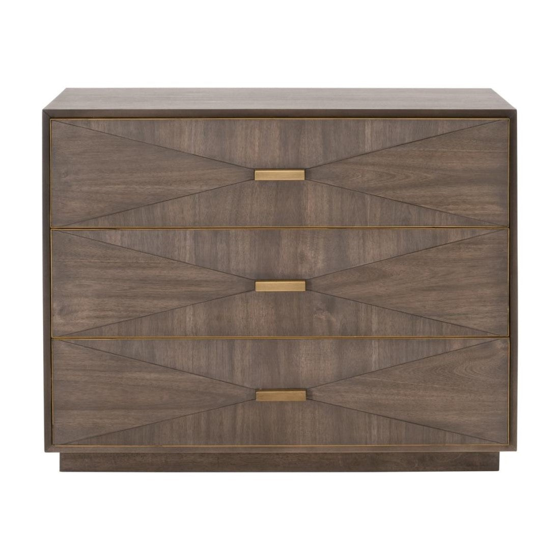 Brushed Gold Accents & Brown Acacia Geometric 3 Drawer Nightstand 38 inch