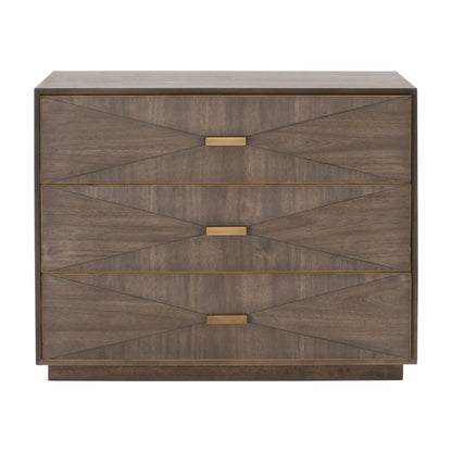 Brushed Gold Accents & Brown Acacia Geometric 3 Drawer Nightstand 38 inch