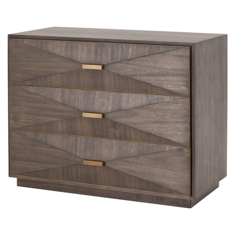 Brushed Gold Accents & Brown Acacia Geometric 3 Drawer Nightstand 38 inch