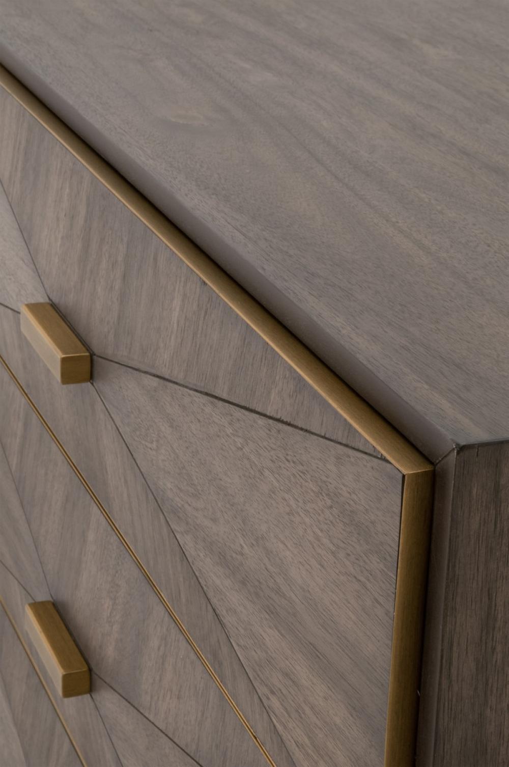 Brushed Gold Accents & Brown Acacia Geometric 3 Drawer Nightstand 38 inch