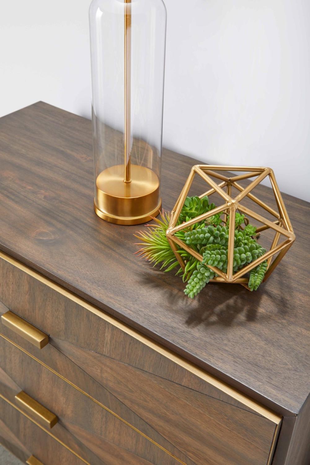 Brushed Gold Accents & Brown Acacia Geometric 3 Drawer Nightstand 38 inch