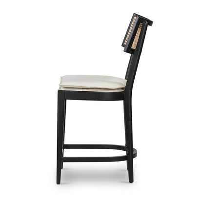 Cane Back Armless Counter Height Bar Stool Black Solid Wood Linen Cushion