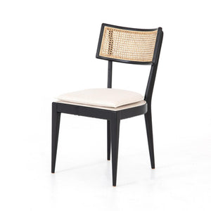 Cane Back Armless Dining Chair Brushed Ebony Solid Wood Performance Fabric Linen Cushion