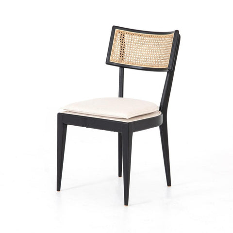 Cane Back Armless Dining Chair Brushed Ebony Solid Wood Performance Fabric Linen Cushion