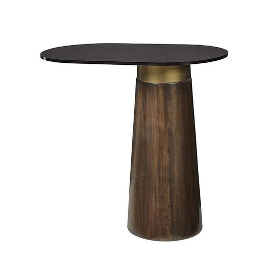 Cantilever Black Glass Oval Top Wood Look Concrete Base & Gold Metal Accent Table 18 inch