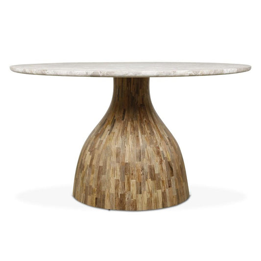 Capri Beige Marble Top Mango Wood Pedestal Round Dining Table 54 inch