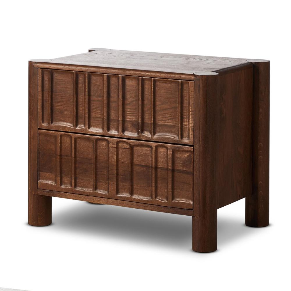 Carved Cocoa Brown Solid Oak Wood 2 Drawer Nightstand 32 inch