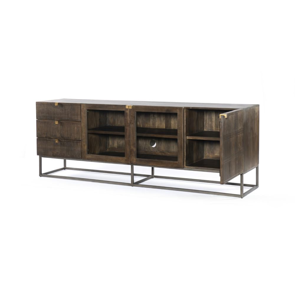 Carved Media Console Storage Cabinet Brown Solid Mango Wood + Iron Base