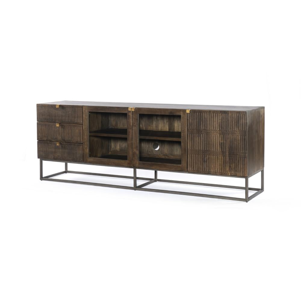 Carved Media Console Storage Cabinet Brown Solid Mango Wood + Iron Base