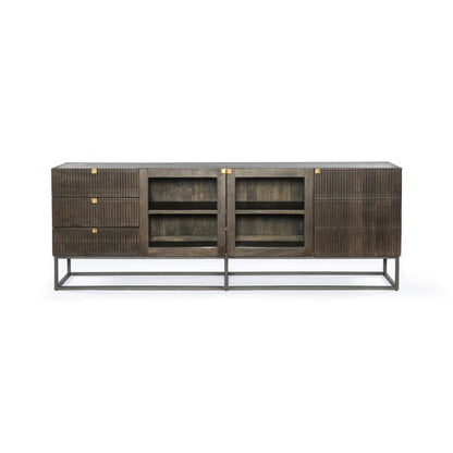 Carved Media Console Storage Cabinet Brown Solid Mango Wood + Iron Base