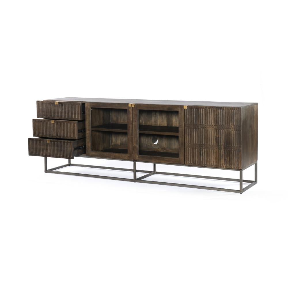 Carved Media Console Storage Cabinet Brown Solid Mango Wood + Iron Base