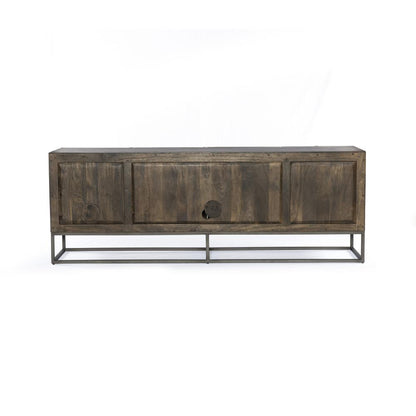 Carved Media Console Storage Cabinet Brown Solid Mango Wood + Iron Base