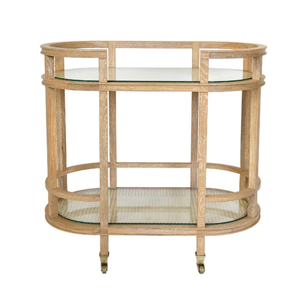 Canes Server Rack Cerused Solid Oak Wood & Cane Shelves Curved Oval Bar Cart Server ...