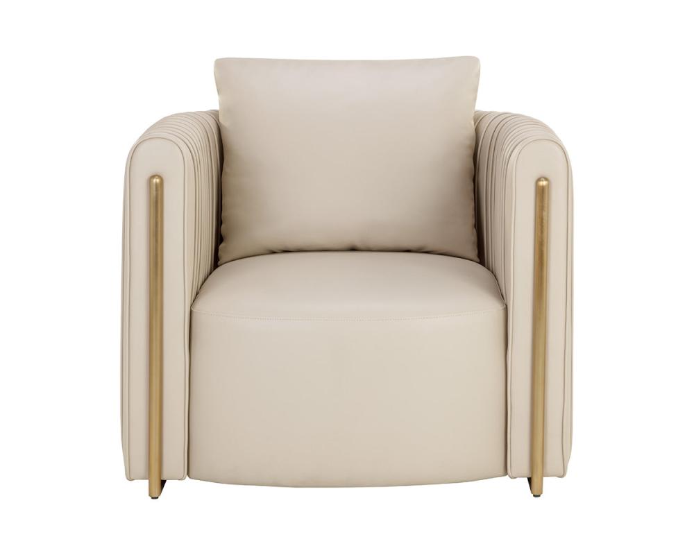 Channel Tufted Barrel Back Accent Lounge Chair Beige Faux Leather & Gold Accents