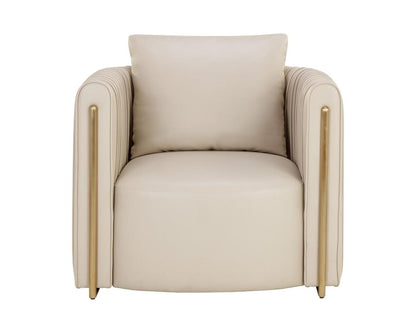 Channel Tufted Barrel Back Accent Lounge Chair Beige Faux Leather & Gold Accents