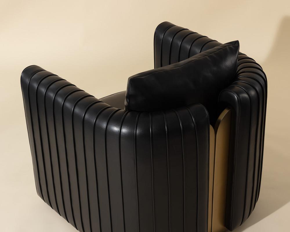 Channel Tufted Barrel Back Accent Lounge Chair Black Faux Leather & Gold Accents