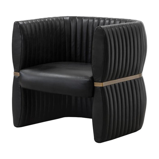 Channel Tufted Barrel Back Black Leather Lounge Chair Brass Accents