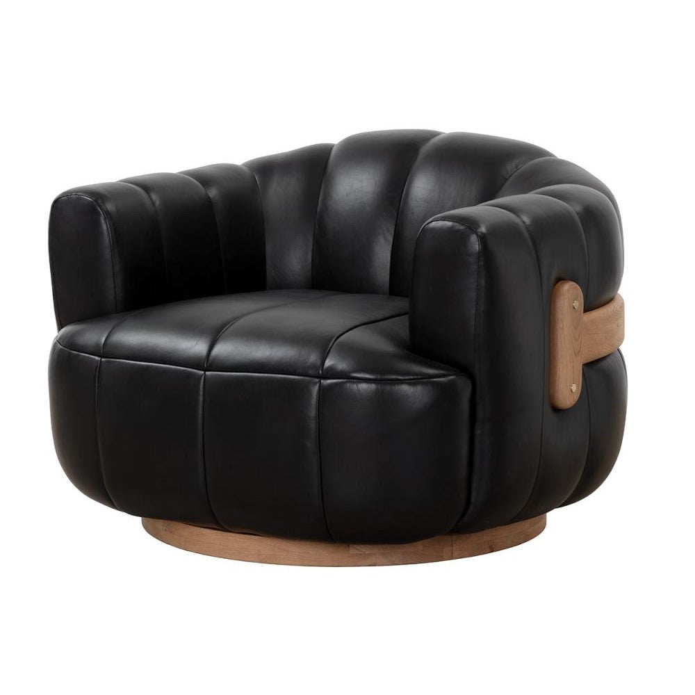 Channel Tufted Black Leather & Solid Oak Wood Swivel Armchair Lounge Chair