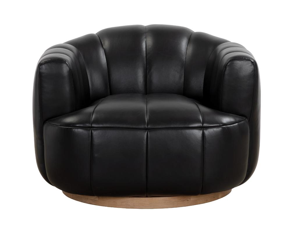 Channel Tufted Black Leather & Solid Oak Wood Swivel Armchair Lounge Chair