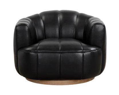 Channel Tufted Black Leather & Solid Oak Wood Swivel Armchair Lounge Chair