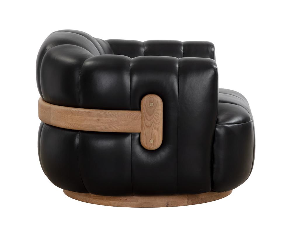 Channel Tufted Black Leather & Solid Oak Wood Swivel Armchair Lounge Chair