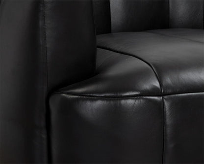 Channel Tufted Black Leather & Solid Oak Wood Swivel Armchair Lounge Chair