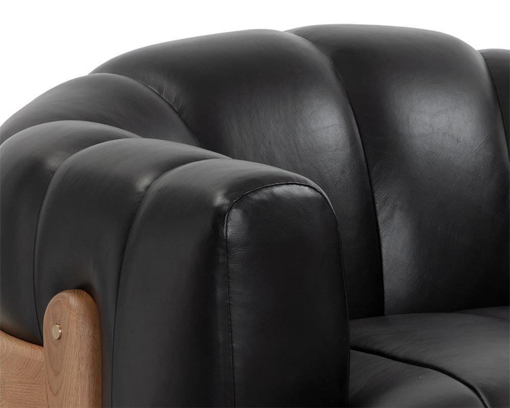 Channel Tufted Black Leather & Solid Oak Wood Swivel Armchair Lounge Chair