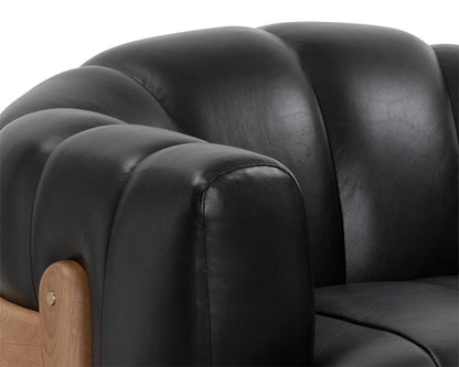 Channel Tufted Black Leather & Solid Oak Wood Swivel Armchair Lounge Chair