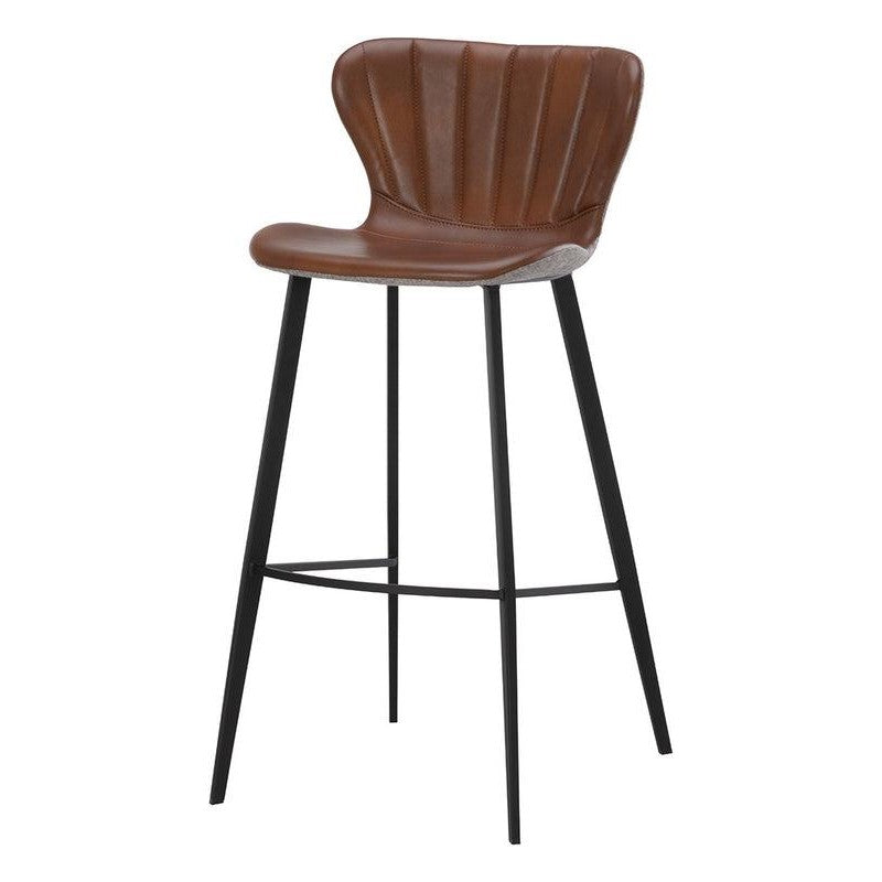 Channel Tufted Cognac Brown Faux Leather & Grey Fabric Bar Stool Black Metal Legs