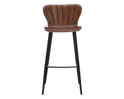 Channel Tufted Cognac Brown Faux Leather & Grey Fabric Bar Stool Black Metal Legs