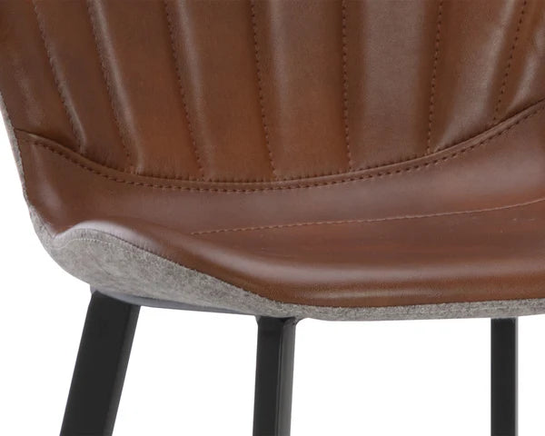 Channel Tufted Cognac Brown Faux Leather & Grey Fabric Bar Stool Black Metal Legs