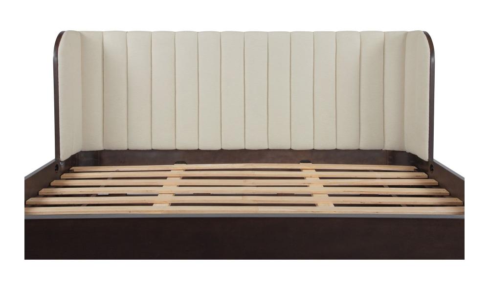 Channel Tufted Cream Fabric Upholstered Curved Wingback Sleigh King Bed Frame Birch Wood