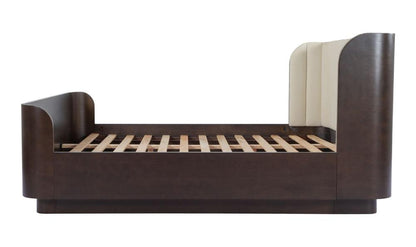 Channel Tufted Cream Fabric Upholstered Curved Wingback Sleigh King Bed Frame Birch Wood