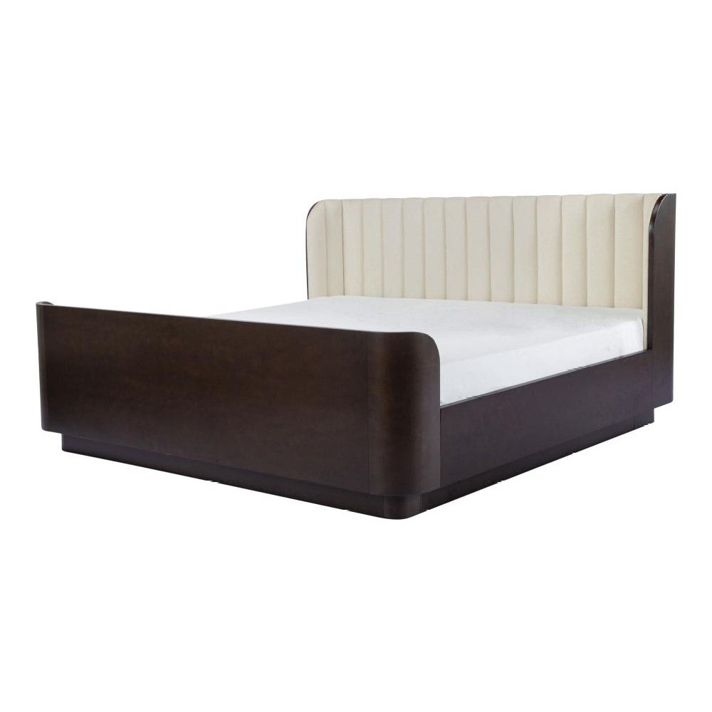 Channel Tufted Cream Fabric Upholstered Curved Wingback Sleigh King Bed Frame Birch Wood