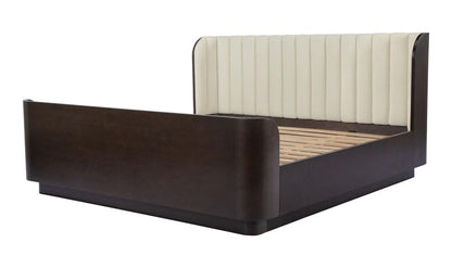 Channel Tufted Cream Fabric Upholstered Curved Wingback Sleigh King Bed Frame Birch Wood