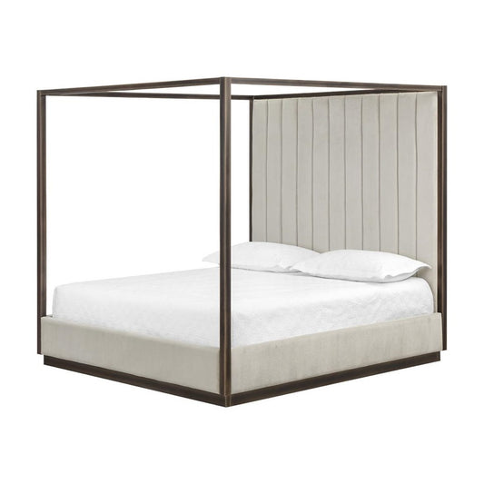 Channel Tufted Cream Performance Fabric & Bronze Metal Frame King Canopy Bed