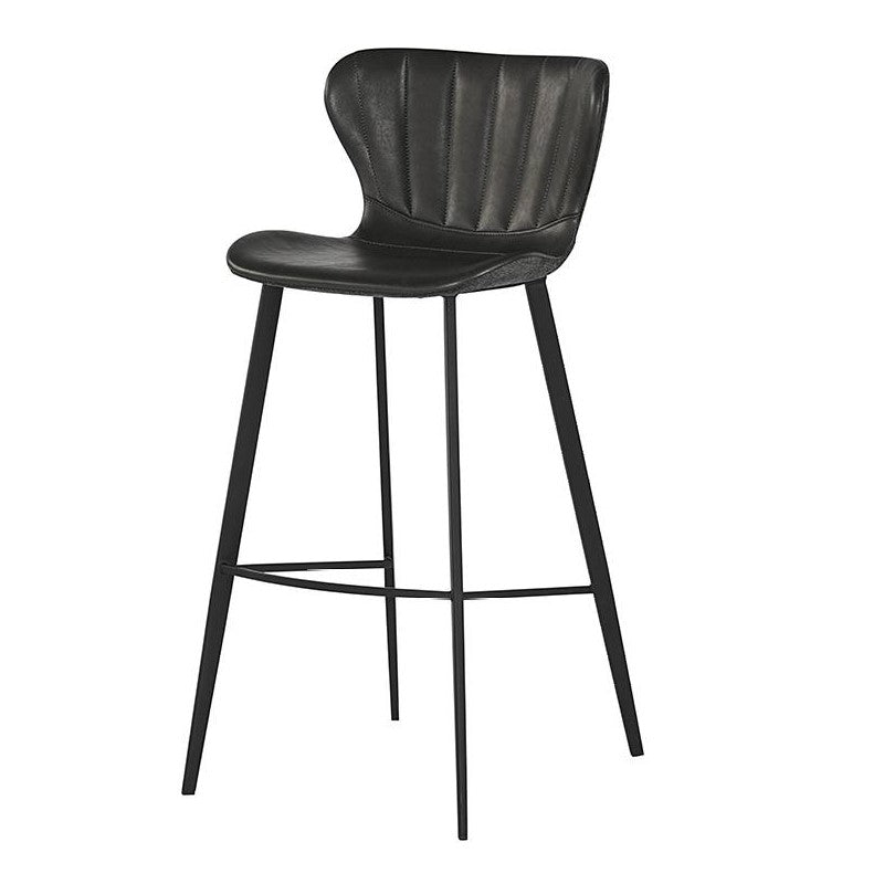 Channel Tufted Grey Faux Leather Bar Stool Black Metal Legs