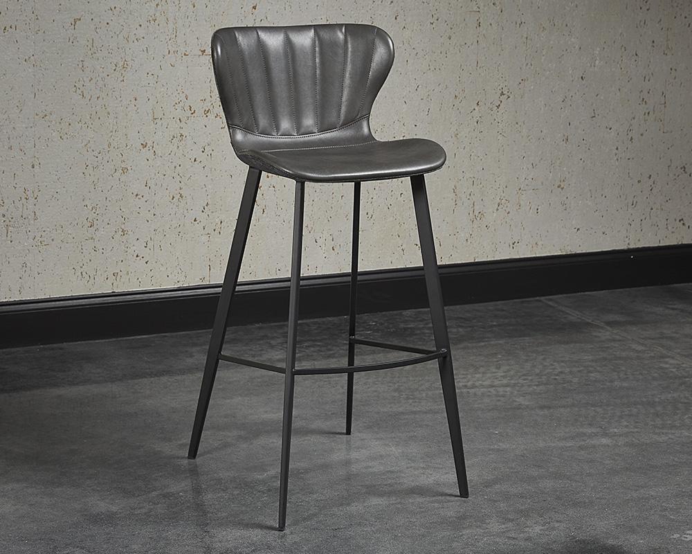 Channel Tufted Grey Faux Leather Bar Stool Black Metal Legs