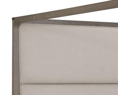 Channel Tufted Taupe Performance Fabric & Grey Solid Oak Wood King Canopy Bed Frame