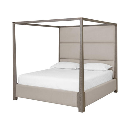 Channel Tufted Taupe Performance Fabric & Grey Solid Oak Wood King Canopy Bed Frame
