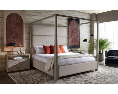 Channel Tufted Taupe Performance Fabric & Grey Solid Oak Wood King Canopy Bed Frame