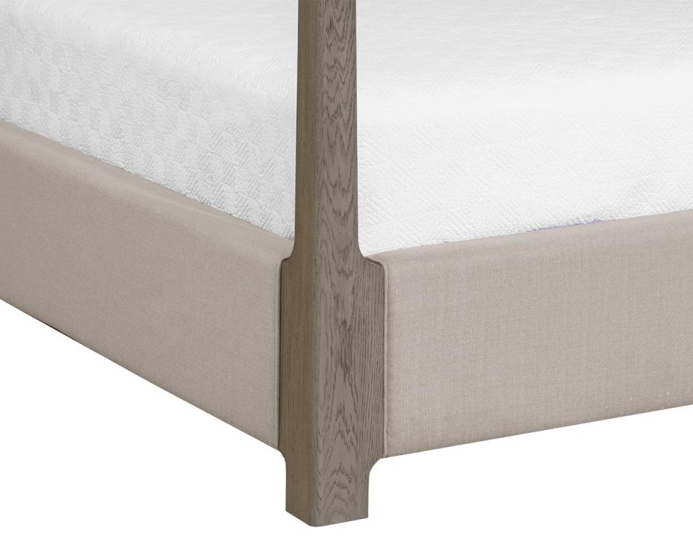 Channel Tufted Taupe Performance Fabric & Grey Solid Oak Wood King Canopy Bed Frame