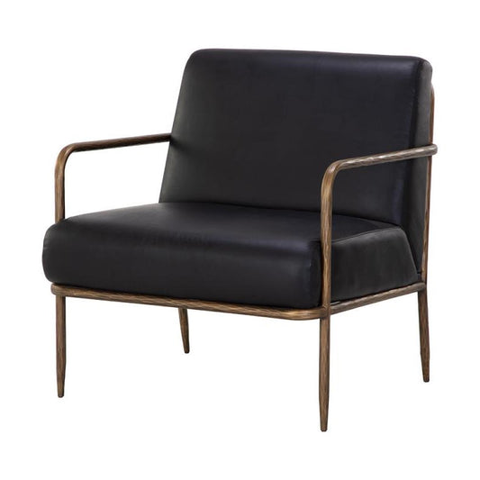 Charcoal Black Leather & Hammered Brass Iron Frame Lounge Chair Forged Metal Armchair